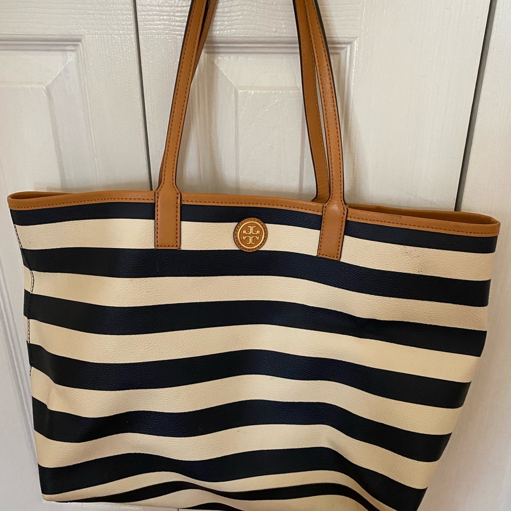 Tory Burch navy/white striped tote.